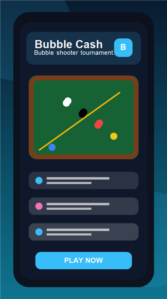 Bubble shooter tournament lobby with prize pools