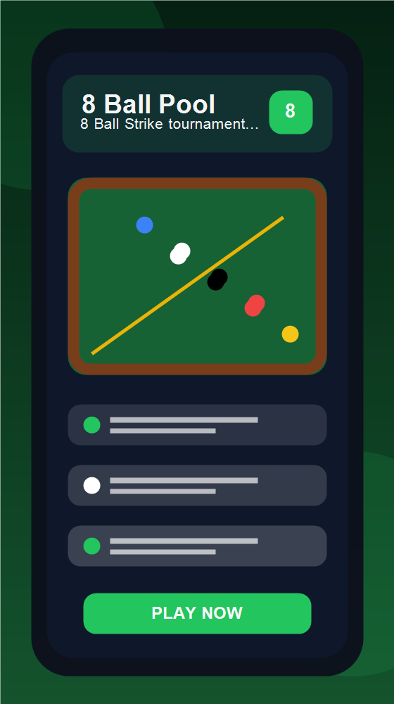 8 Ball Strike tournament lobby with prize pools